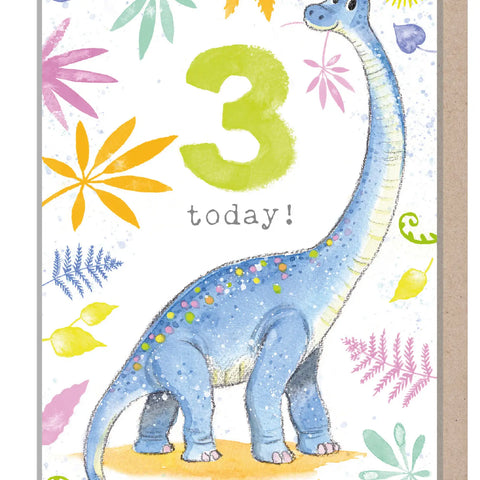 Kids Birthday Card - Age Three - Dinosaur Design