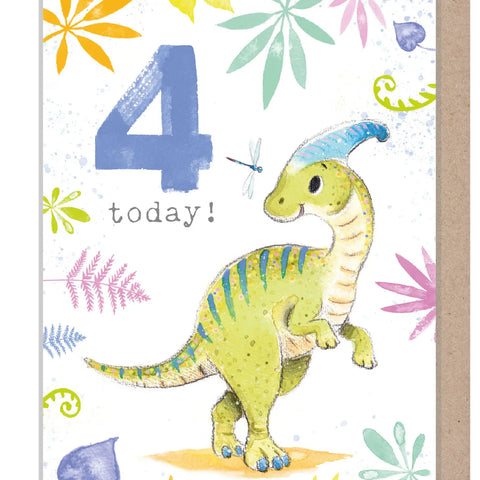 Kids Birthday Card - Age Four - Dinosaur Design