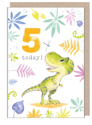 Kids Birthday Card - Age Five - Dinosaur Design