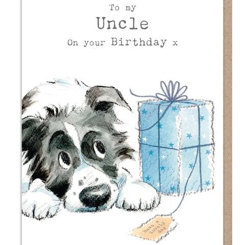 Uncle Birthday Card - Border Collie with Parcel