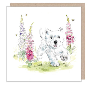 Blank Card - Westie with Foxgloves and Bees