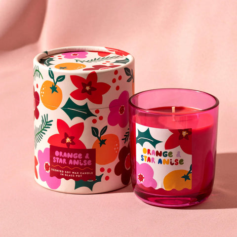 Raspberry Blossom Orange & Star Anise Pink Glass Candle